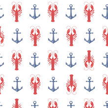 Load image into Gallery viewer, Pattern of red lobsters and blue anchors on a white background.