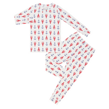 Load image into Gallery viewer, A two-piece toddler pajama set with a pattern of red lobsters and navy blue anchors on a white background.