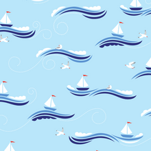 Load image into Gallery viewer, Pattern of sailboats, seagulls, and waves on a blue background.