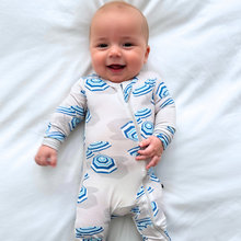 Load image into Gallery viewer, Amalfi Coast Beach Umbrella Navy Gray Zippered Romper