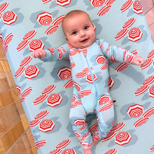 Load image into Gallery viewer, Amalfi Coast Beach Umbrella Red and Blue Crib Sheet