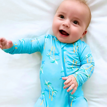 Load image into Gallery viewer, Miami Palm Tree Blue Zippered Romper