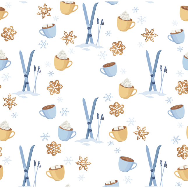 Pattern of hot chocolate cups, skis, and snowflakes on a white background
