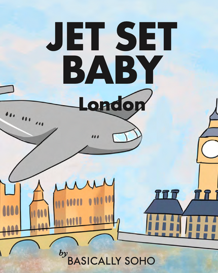 Book cover with airplane, Big Ben, and London skyline with 'Jet Set Baby London' text.