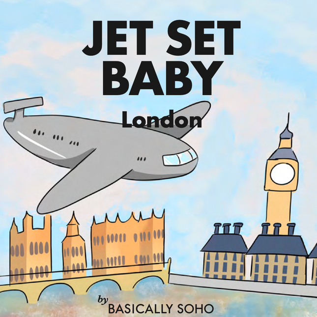 Book cover with airplane, Big Ben, and London skyline with 'Jet Set Baby London' text.