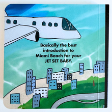 Load image into Gallery viewer, Book cover with airplane and cityscape illustration, text about Miami Beach and &#39;jet set baby&#39;.
