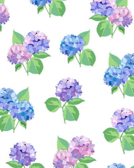 Pattern of blue and purple hydrangeas with green leaves on a white background.