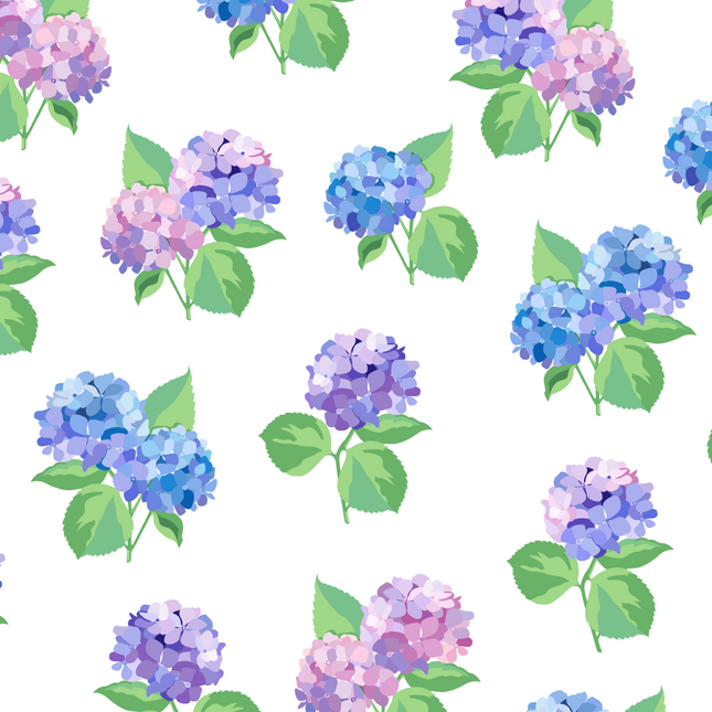 Pattern of blue and purple hydrangeas with green leaves on a white background.