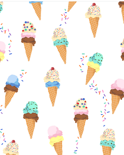 Pattern of ice cream cones and sprinkles on a white background