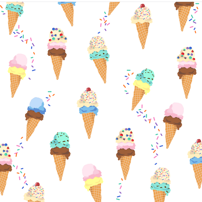 Pattern of ice cream cones and sprinkles on a white background
