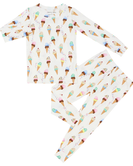 A two-piece toddler sleepwear set with a Cape Cod ice cream print, featuring long sleeves and matching pants.