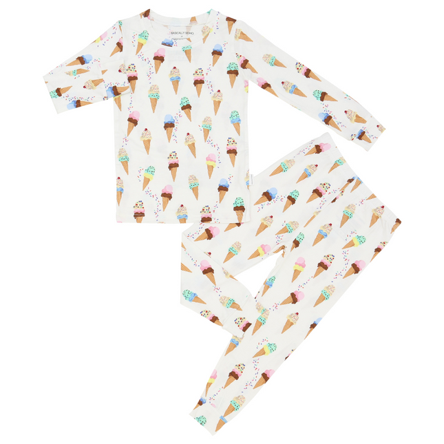 A two-piece toddler sleepwear set with a Cape Cod ice cream print, featuring long sleeves and matching pants.