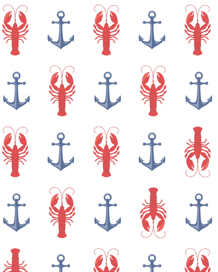 Pattern of red lobsters and blue anchors on a white background.