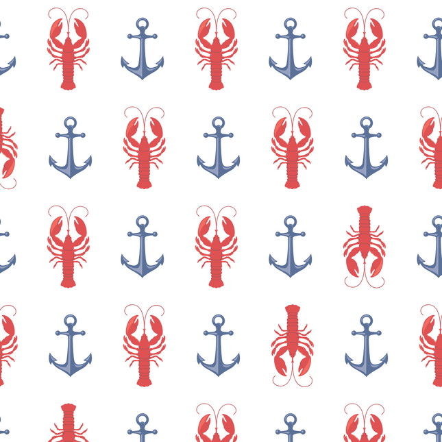 Pattern of red lobsters and blue anchors on a white background.