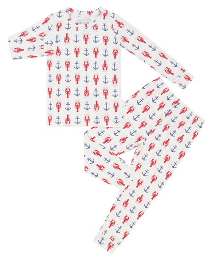 A two-piece toddler pajama set with a pattern of red lobsters and navy blue anchors on a white background.