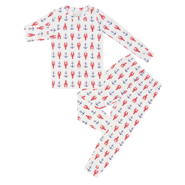 A two-piece toddler pajama set with a pattern of red lobsters and navy blue anchors on a white background.