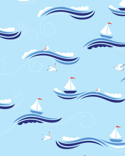 Pattern of sailboats, seagulls, and waves on a blue background.
