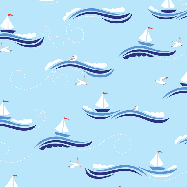 Pattern of sailboats, seagulls, and waves on a blue background.