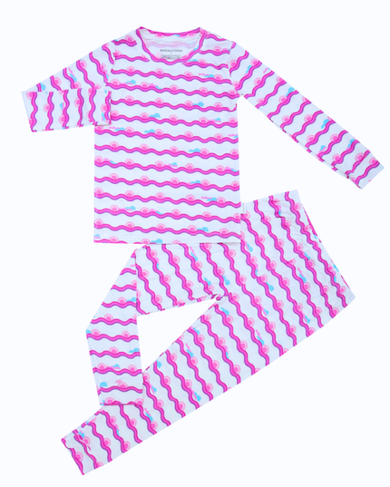 Pink and white striped pajama set on a white background