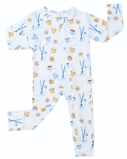Baby onesie with a pattern of cups and spoons on a white background