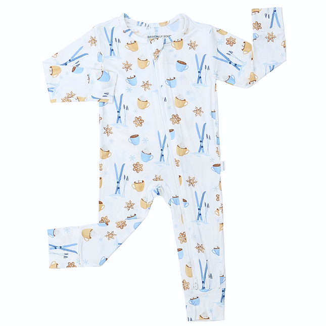 Baby onesie with a pattern of cups and spoons on a white background