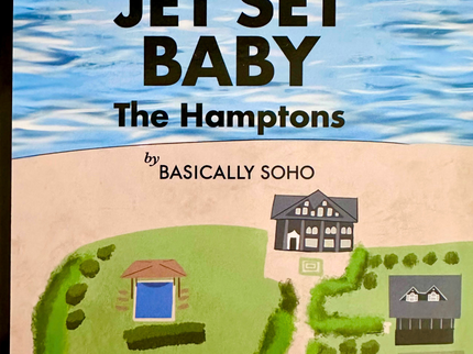 Book cover of 'Jet Set Baby: The Hamptons' by Basically Soho with a house and pool illustration.