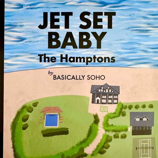 Book cover of 'Jet Set Baby: The Hamptons' by Basically Soho with a house and pool illustration.