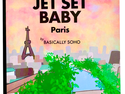 Book cover with Eiffel Tower and Parisian scene, featuring 'Jet Set Baby Paris' by Basically Soho.